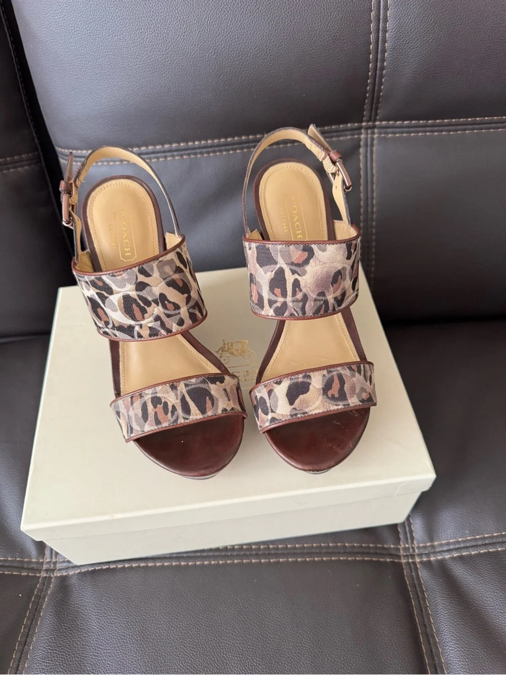 Coach Leopard-Print Leather Slingback Sandals in Brown and Tan